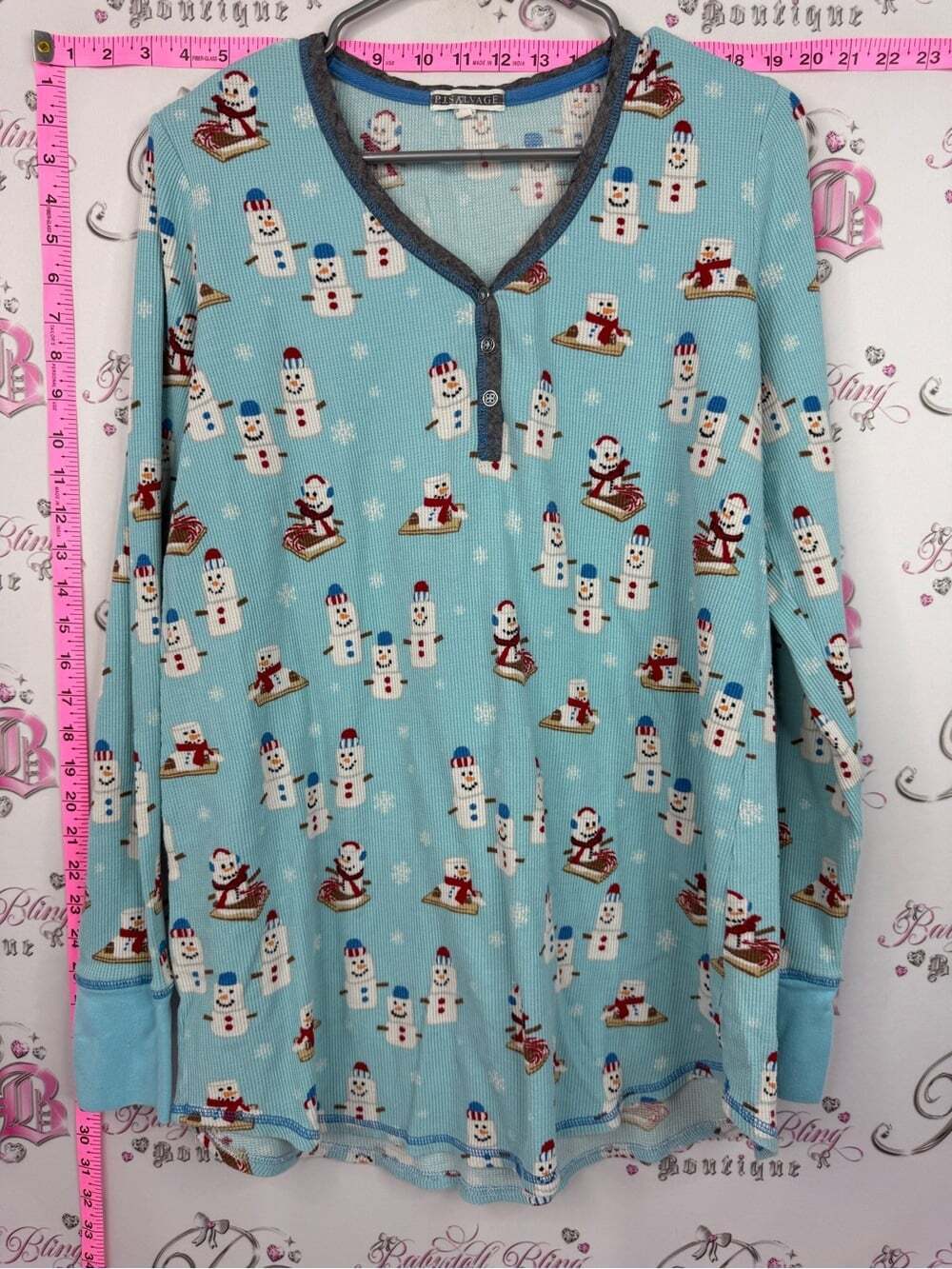 PJ Salvage waffleknit Light Blue Snowman Print Long Sleeve Pajama Top